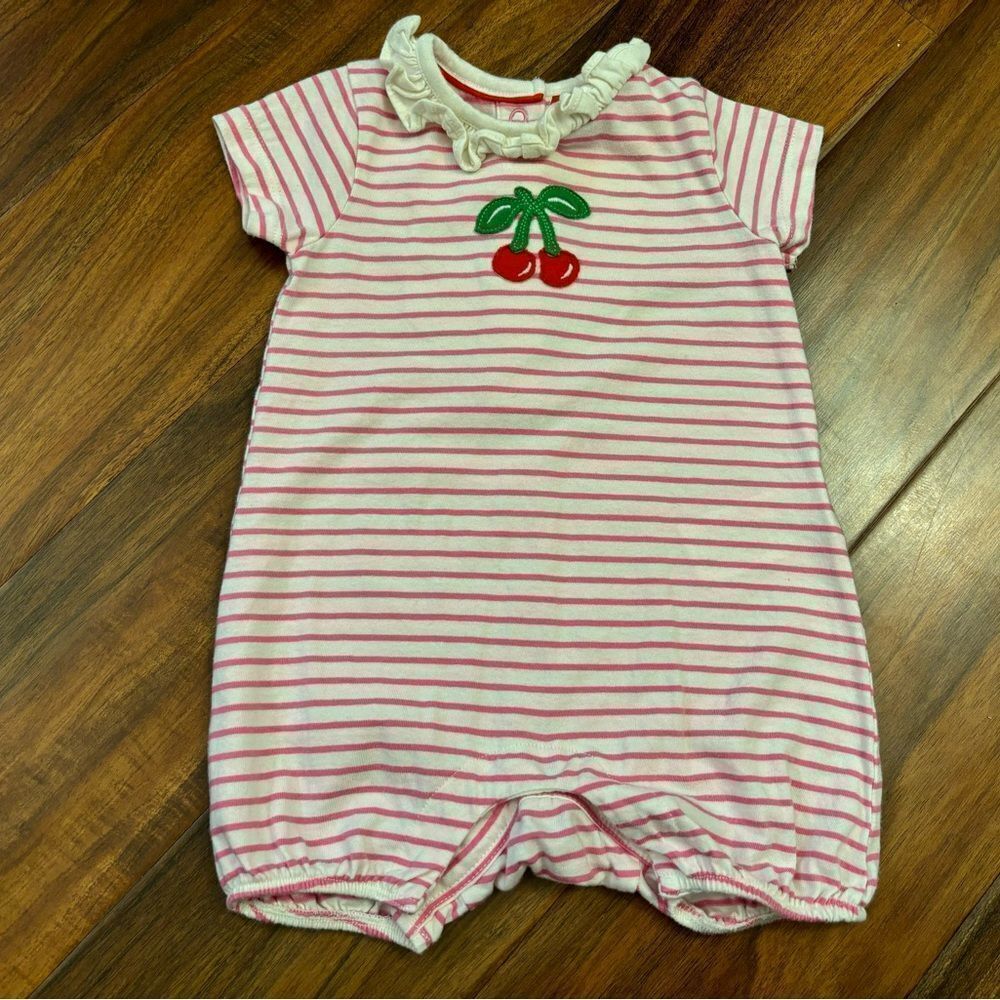 Baby Boden Embroidered Cherries white/pink stripe short sleeve romper